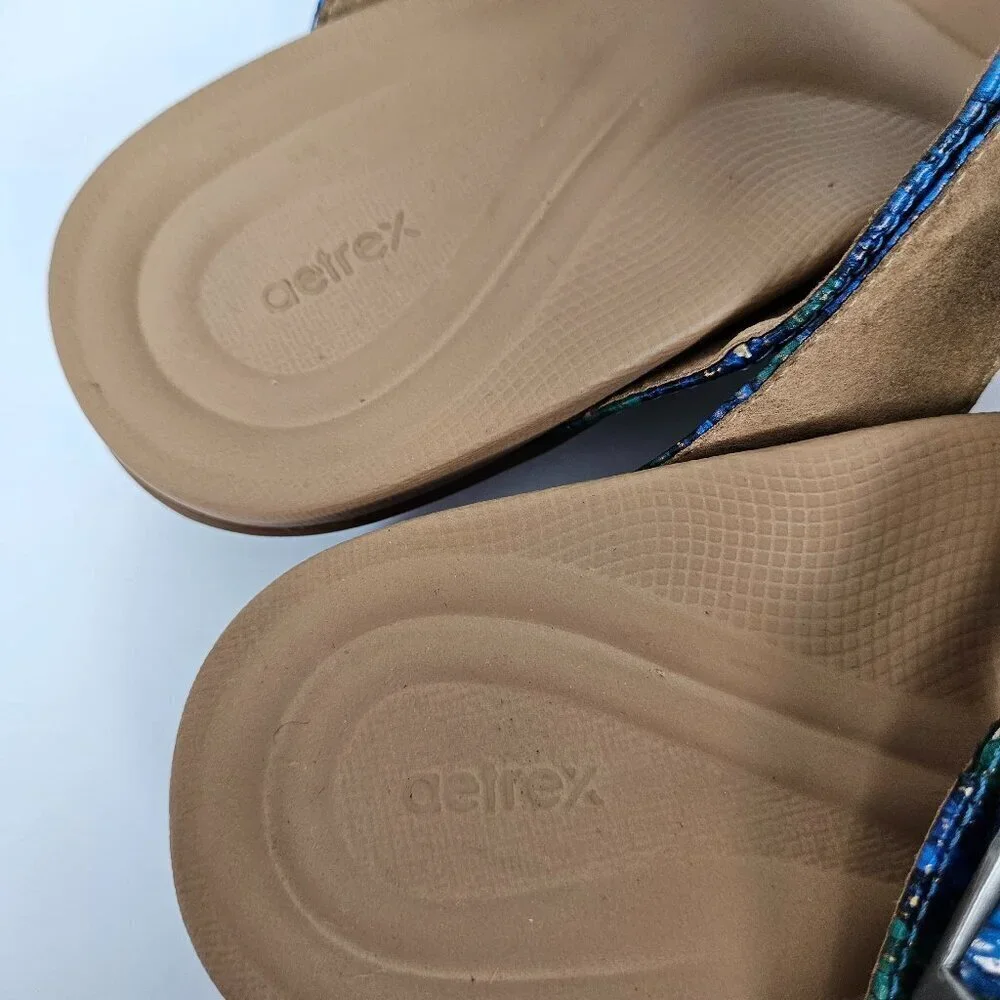 Aetrex Rita Blue Snake Embossed Faux Leather Band Comfort Flip Flop US 7.5-8.0